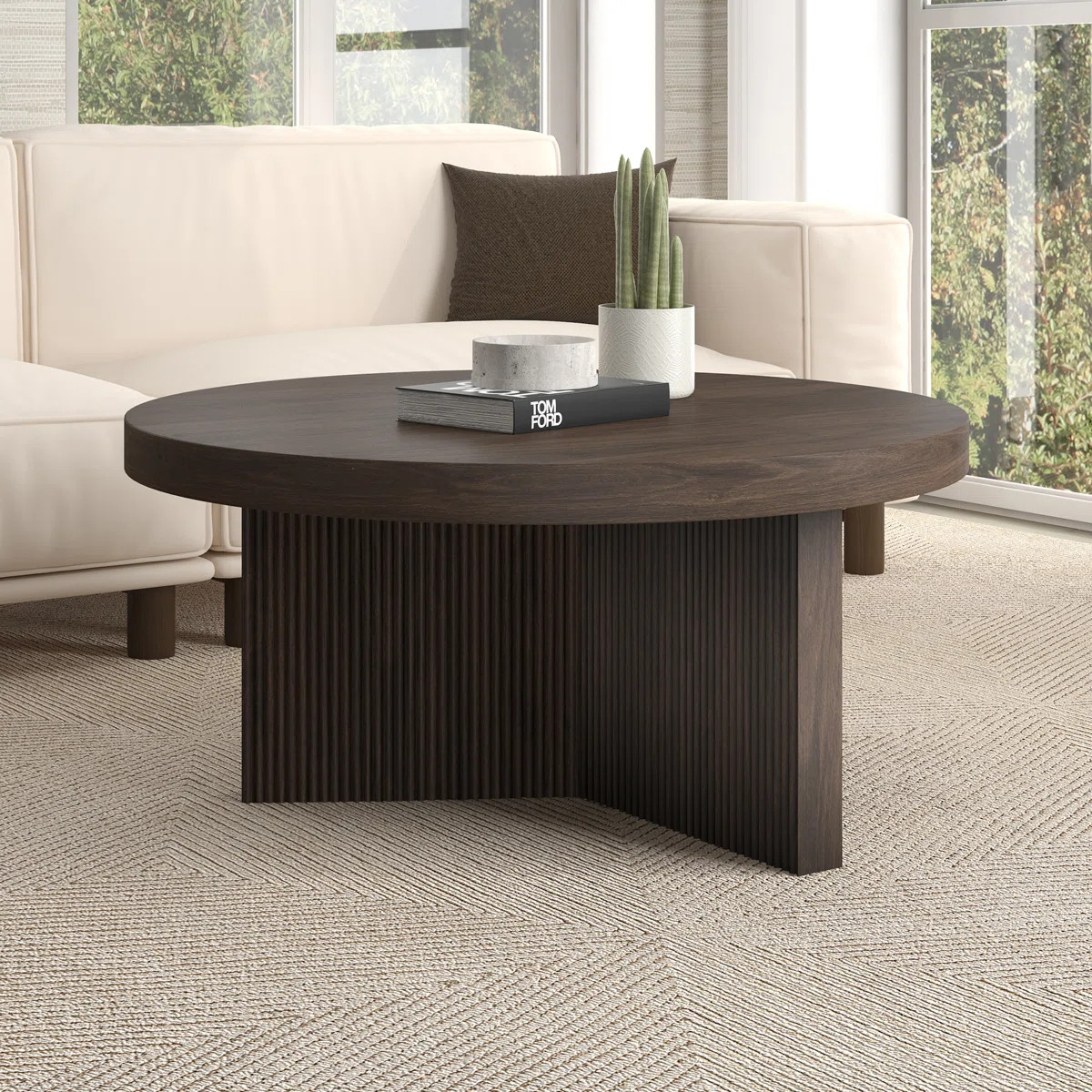 32" Wide Round Coffee Table with Fluted Base — Alder Brown Scandinavian MDF Center Table for Li... | Wayfair North America