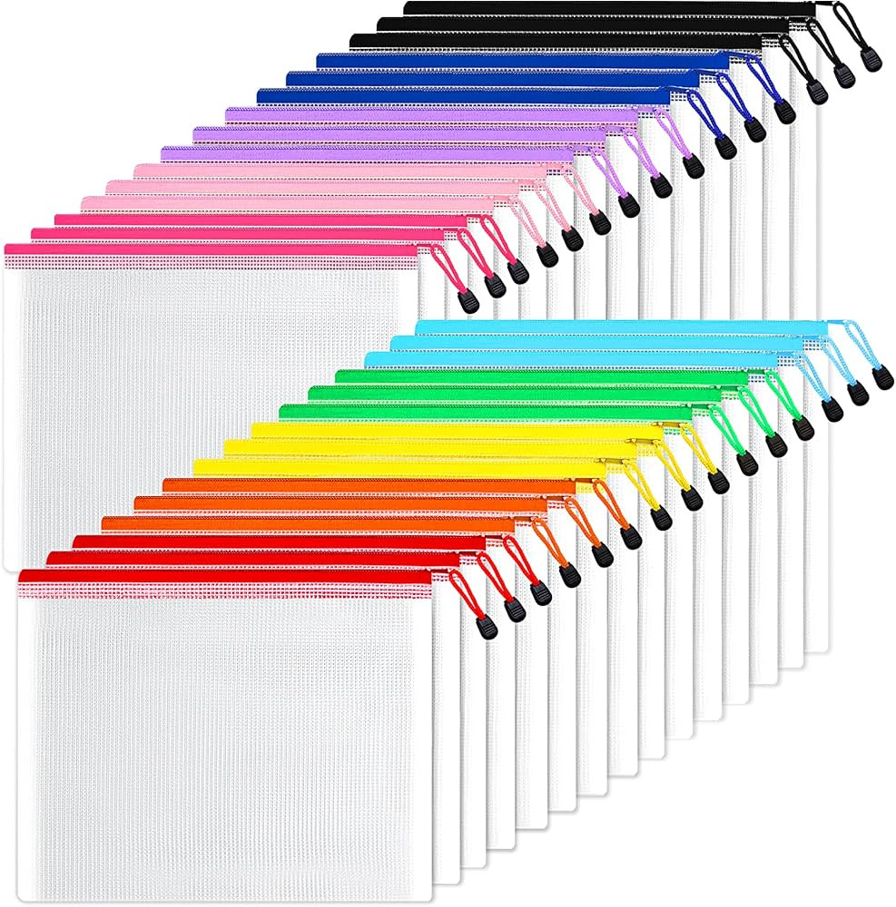 SUNEE Mesh Zipper Pouch 9x13 in (10 Colors, 30 Packs), Mesh Bags with Zipper for School Office Su... | Amazon (US)