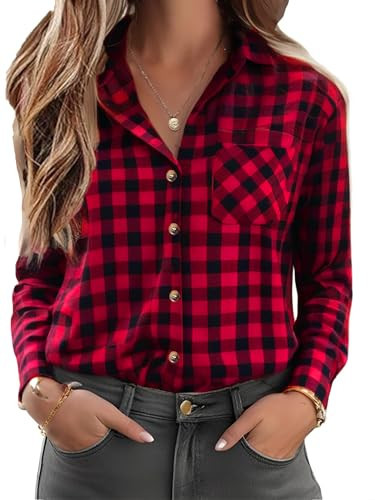 HOTOUCH Womens Cottage Checkered Red Flannel Plaid Shirts Oversized Collared Button Down Lightweight Jacket Blouse Tops Red S | Amazon (US)