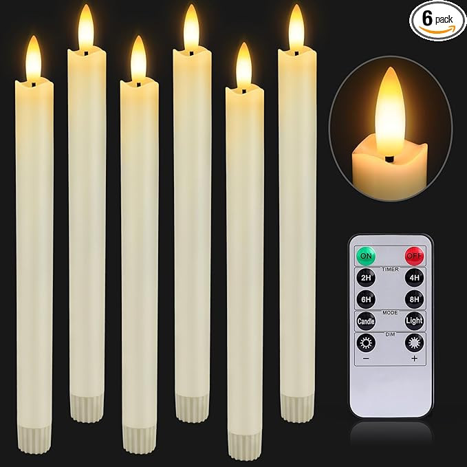HINZER 6 Pcs Flameless Taper Candles with Remote & Timer 9.6 inch Real Wax Battery Operated LED W... | Amazon (US)