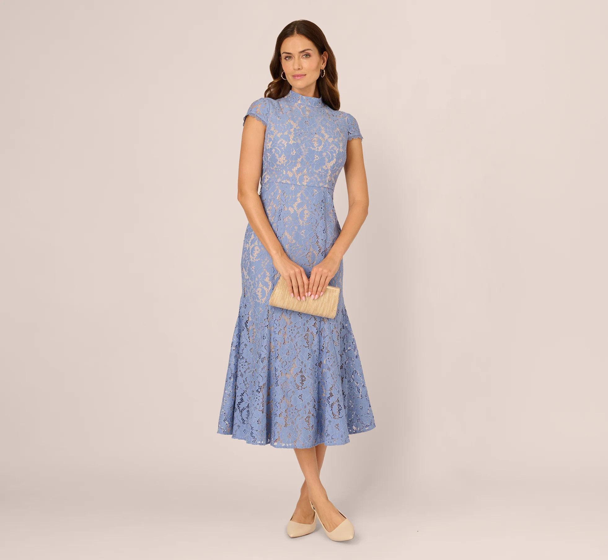 Cap Sleeve Lace Midi Dress In French Blue Nude | Adrianna Papell