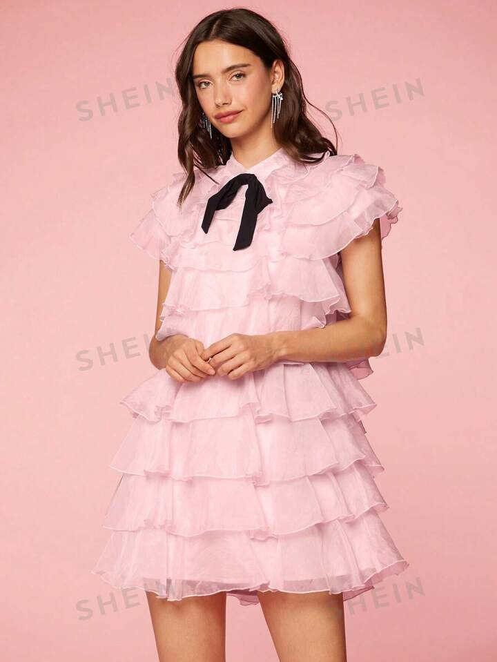 Enchnt Women's Bowknot Ruffle Layered Design Spring/Summer Dress | SHEIN USA | SHEIN