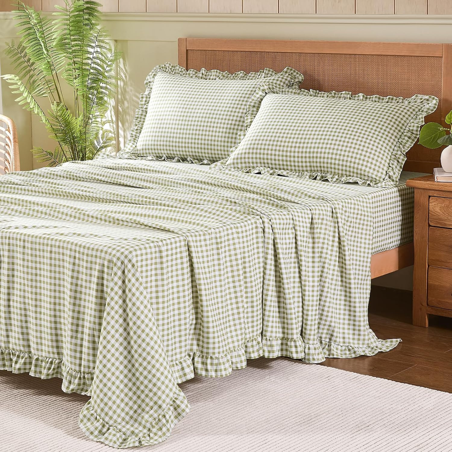 Gingham Queen Sheet Set, Lightweight Super Soft Brushed Microfiber Plaid Bed Sheets with 16" Deep Pocket, 4 Piece Ruffle Farmhouse Bedroom Decor, Sage Green | Amazon (US)