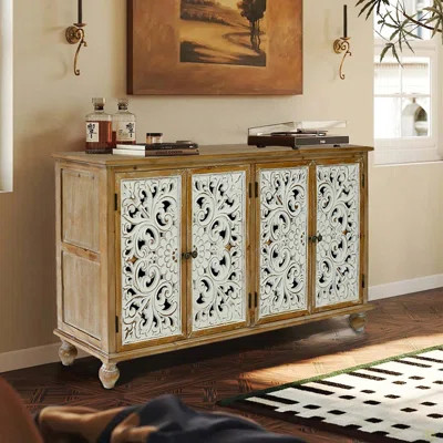 Accent Cabinet With 4 Doors, Farmhouse Sideboard Buffet Cabinet With Storage, Modern Cenza Storage Cabinet With Wood Carved Floral Doors For Living Ro | Wayfair North America