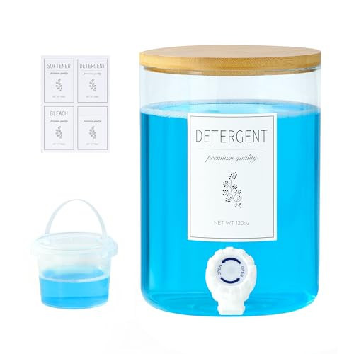 1 Glass Laundry Detergent Dispenser with Bamboo Lid - 120 Oz Liquid Detergent, Laundry Soap & Fabric Softener Dispenser for Laundry Room Organization and Storage with 1 Cups & 4 Labels | Amazon (US)
