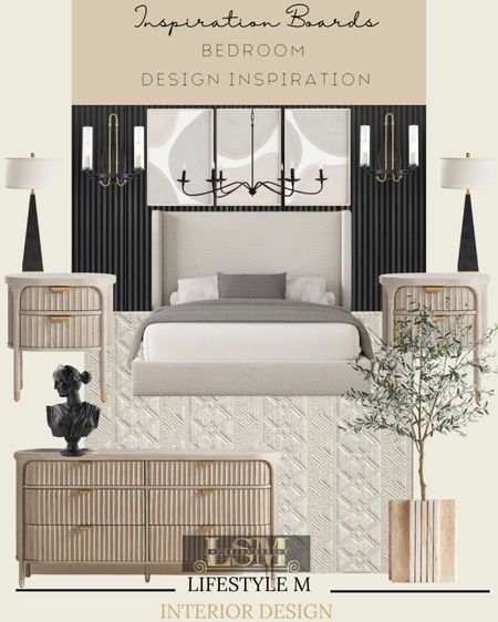 Need Master bedroom inspiration design idea? Recreate this look by shopping the pieces below. Bed frame, bed room rug, wood dresser, wood night stand, table lamp, wall panels, bedroom chandelier light, wall sconce lights, planter, faux olive tree, wall art, table decor.

#LTKstyletip #LTKSeasonal #LTKhome