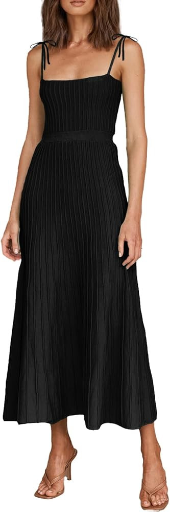 ARTFREE Womens Ribbed Knit Summer Maxi Dresses Tie Straps Square Neck Party Long Dress | Amazon (US)