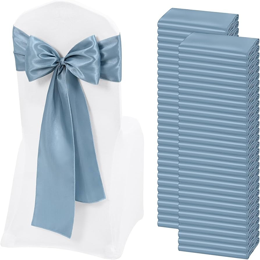 REWOMC 60 PCS Dusty Blue Satin Chair Sashes, Ties Bows Designed Chairs Decorative, Chair Cover Sa... | Amazon (US)