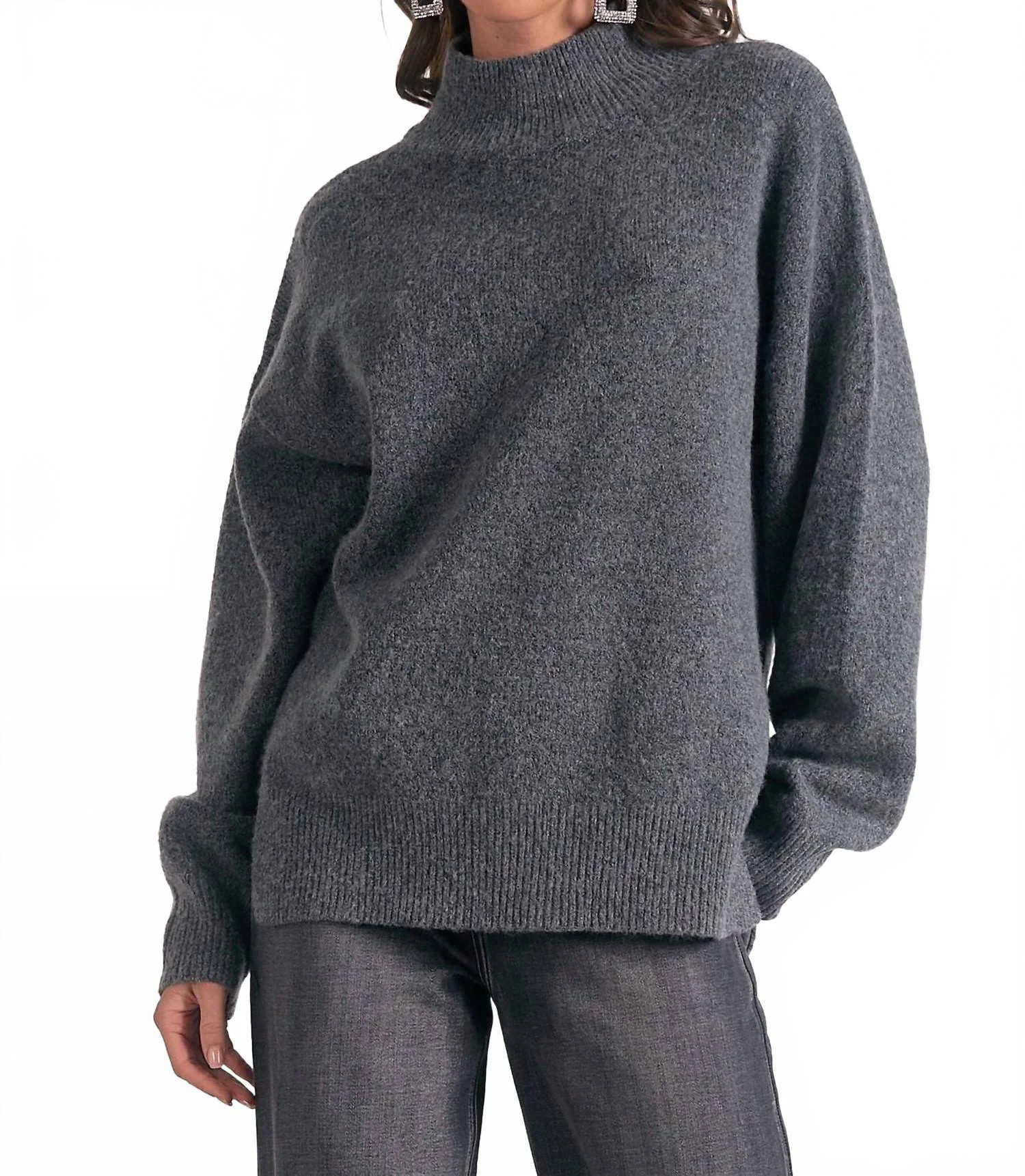 Mockneck Side Slit Sweater In Dark Grey | Shop Simon
