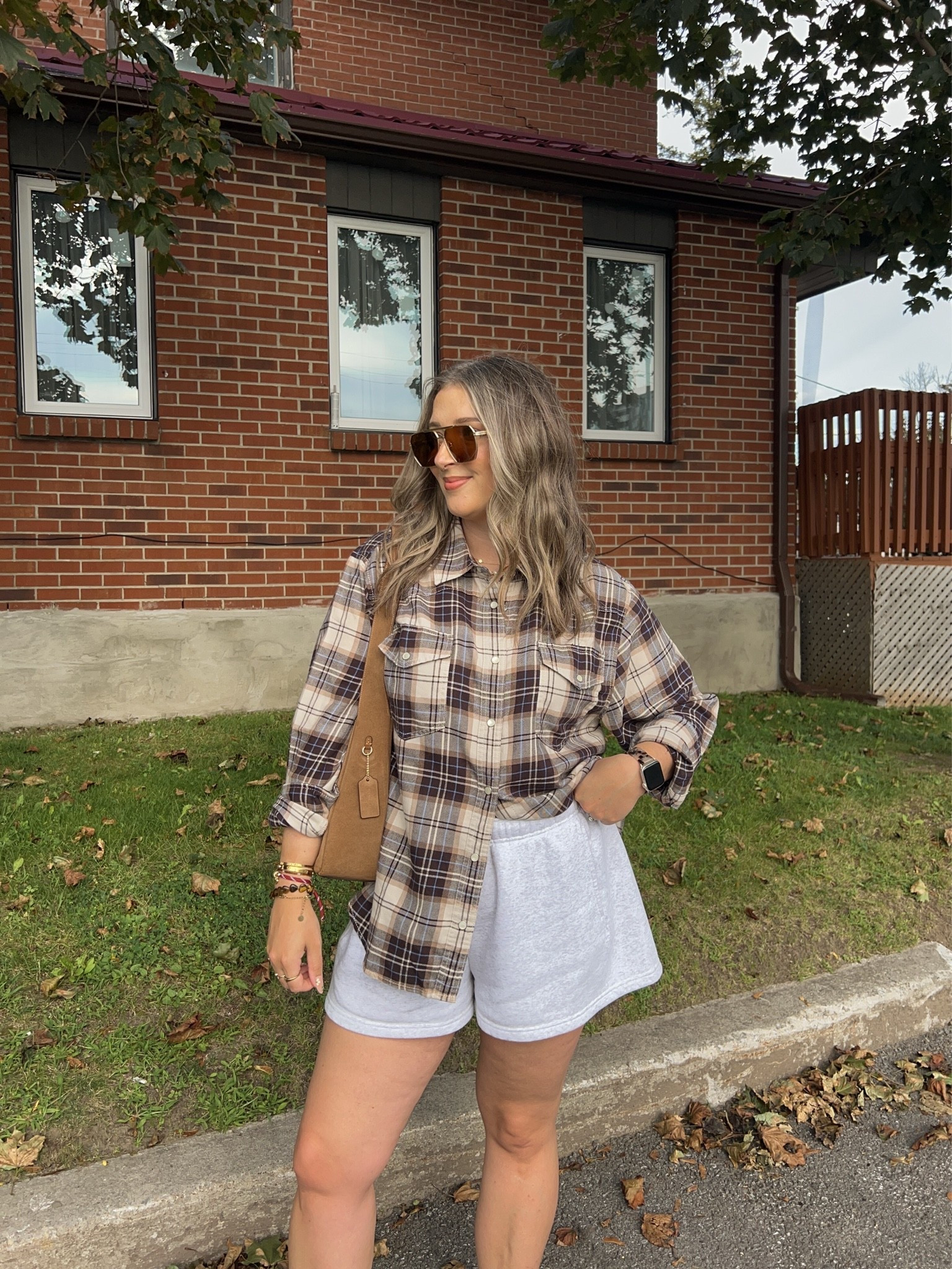 Early fall outift! Flannel is a more fitted style so I sized up to XL for this oversized look. Wearing L in the shorts. I’m a 9.5-10 shoe and wear a 10 in the jelly shoes (exact Canadian shoes link under “similar products”)

#LTKfall #LTKmidsize #LTKsale