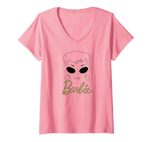 Womens Barbie 60th Anniversary Gold Glasses V-Neck T-Shirt | Amazon (US)