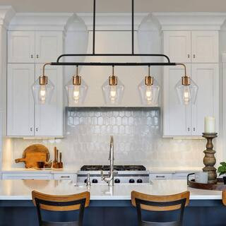 Dvorakova 43.98 in. 5-Light Black and Gold Kitchen Island Pendant with Rhomboid Glass Shades for Dining Room | The Home Depot