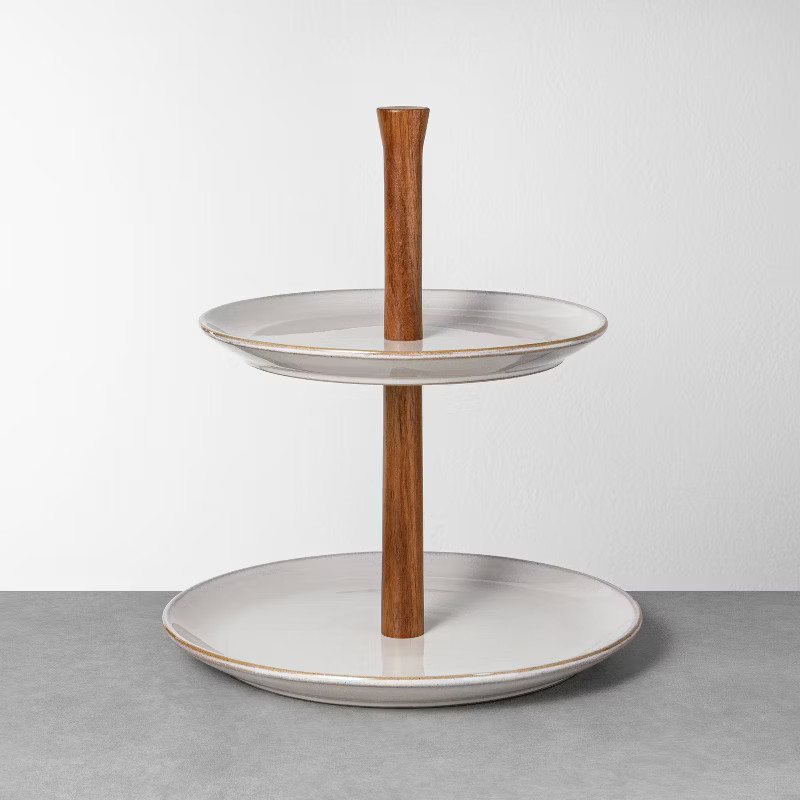 Glazed Round Ceramic & Wood Tiered Serve Stand Gray - Hearth & Hand™ with Magnolia | Target