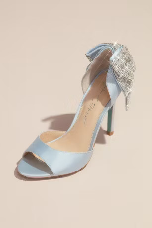 Satin Peep Toe Stiletto Pumps with Sequin Bow | Davids Bridal