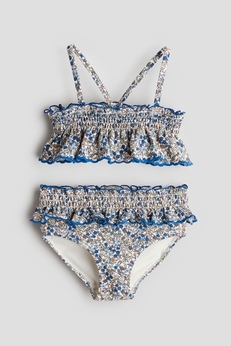 Ruffle-trimmed Smocked Bikini - Blue/floral - Kids | H&M US | H&M (US + CA)