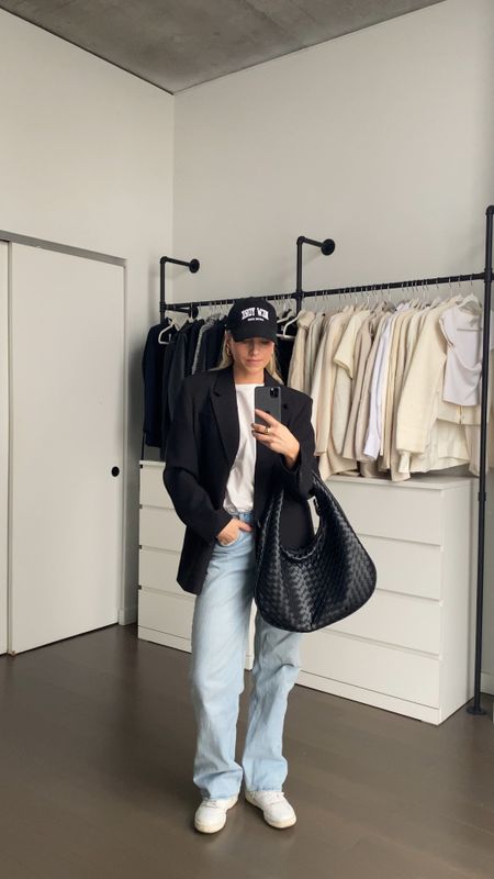 Outfit of the day! Hat is anine bing, jeans are Abercrombie, t-shirt is dissh, blazer is NAKD fashion but I linked similar, bag is Abercrombie but sold out so I linked similar! Wearing a size 25 Long in jeans 

#LTKSeasonal