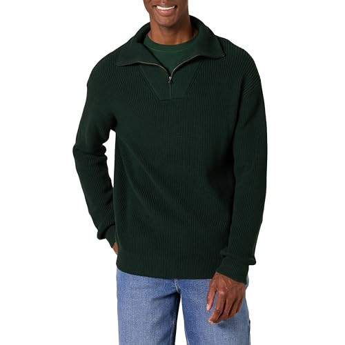 Amazon Essentials Men's Quarter-Zip Rib-Knit Relaxed-Fit Sweater, Dark Green, Small | Amazon (US)