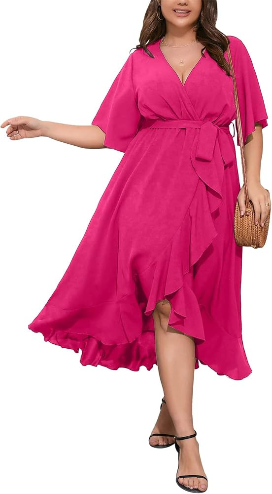 SCOMCHIC Women Plus Size Maxi Dress Short Sleeve Wrap V Neck High Low Split Ruffle Long Dress | Amazon (US)