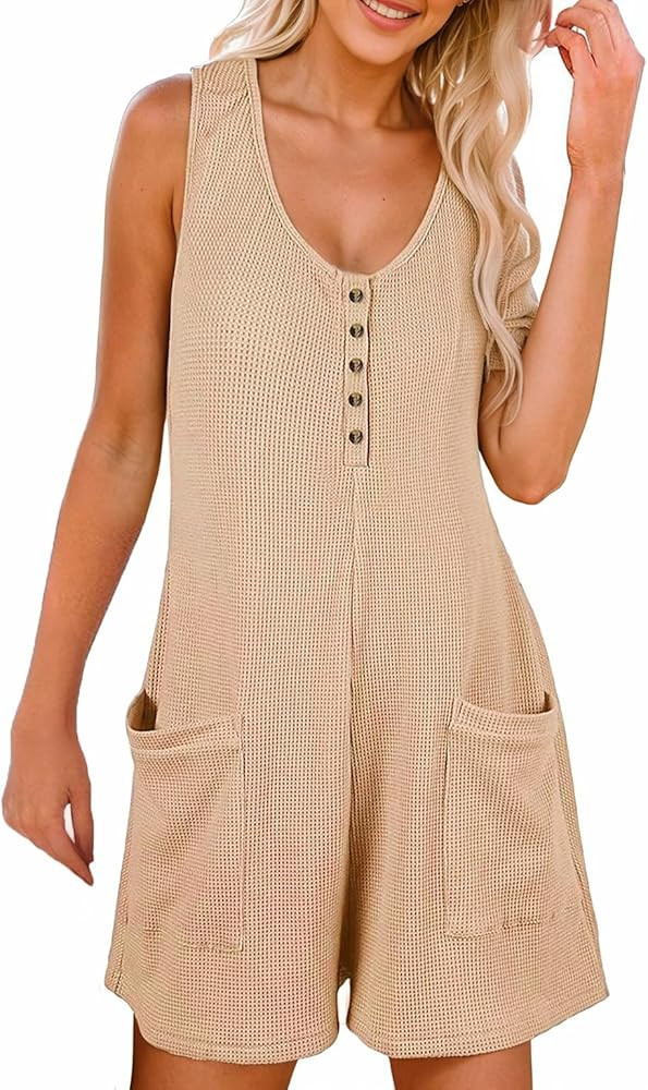 AlvaQ Womens Short Jumpsuits Solid Color Summer Casual Waffle Button Front Sleeveless Rompers wit... | Amazon (US)