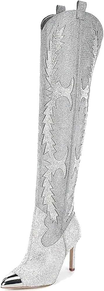 CKSNDLF Women's Western Cowboy Thigh High Boot Rhinestones Cowgirl Boots Glitter Sparkly Boots Ov... | Amazon (US)