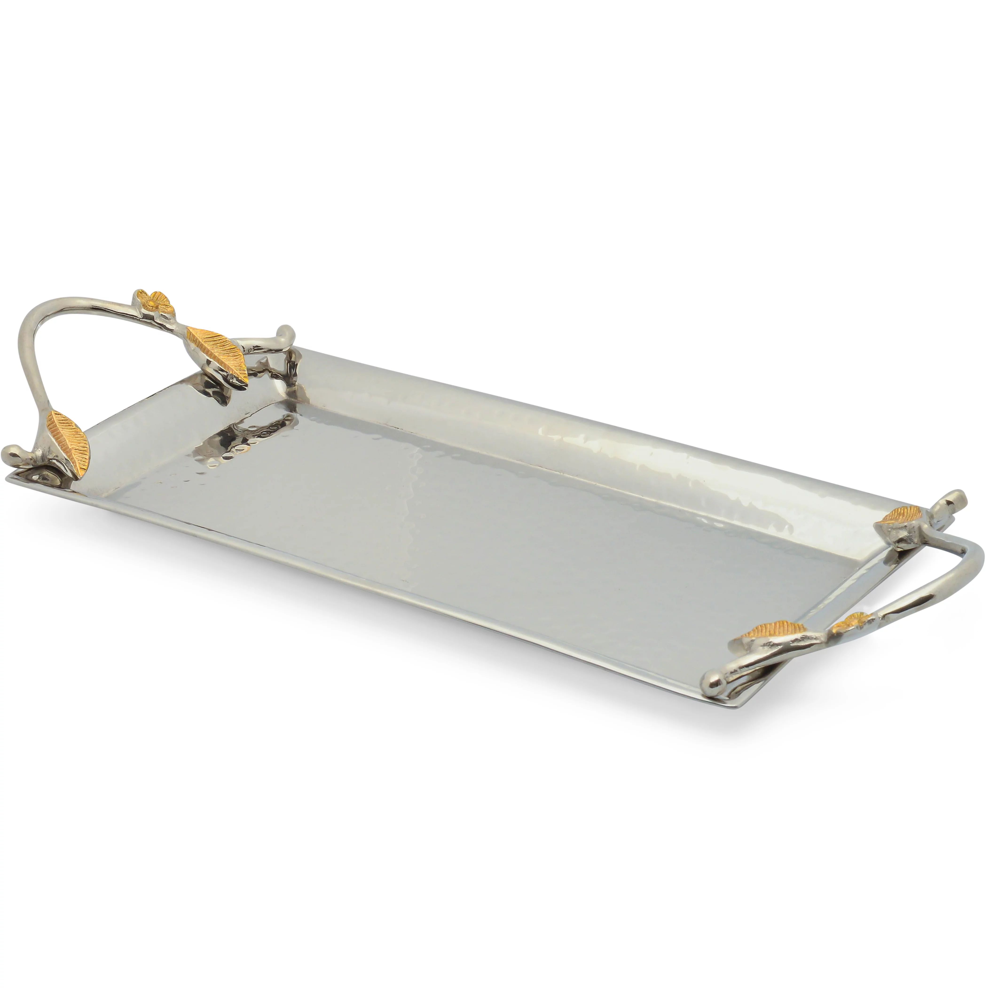 Berkware Two Tone Silver Rectangle Tray with Gold Leaf Accents - 14" Long Shiny Polished Metal Se... | Walmart (US)
