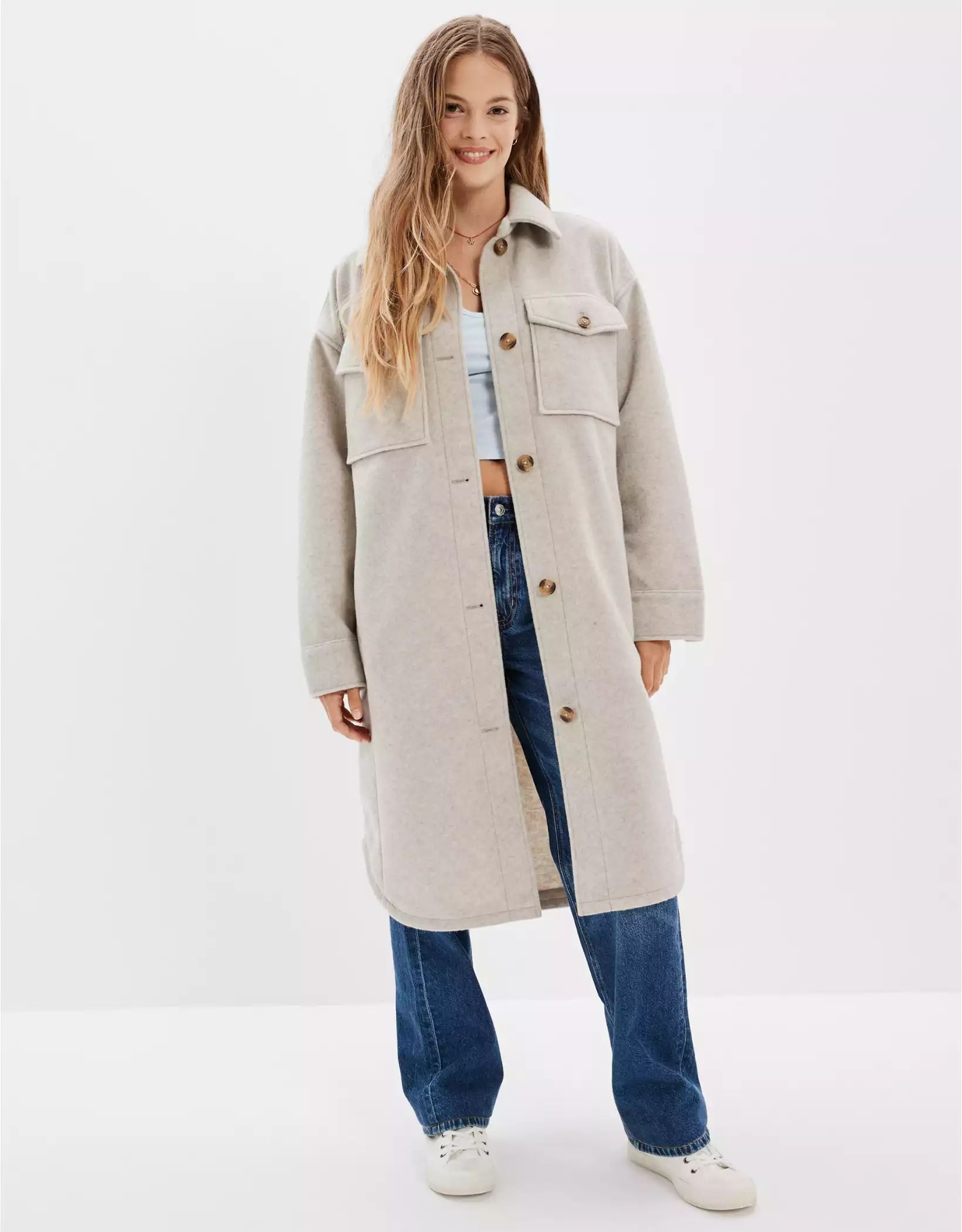 AE Faux Wool Long Shacket | American Eagle Outfitters (US & CA)
