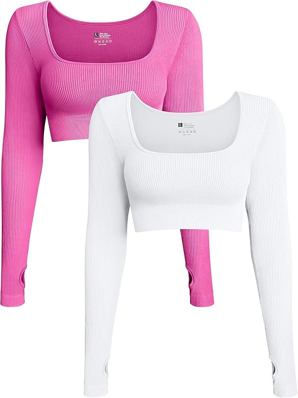 OQQ Women's 2 Piece Crop Top Ribbed Seamless Workout Exercise Long Sleeve Crop Tops | Amazon (US)