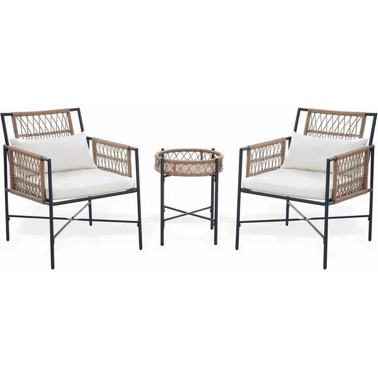 3 Piece Outdoor Wicker Bistro Set, Heavy Duty PE Rattan Handwoven Chairs & Round Side Table, Stee... | Walmart (US)