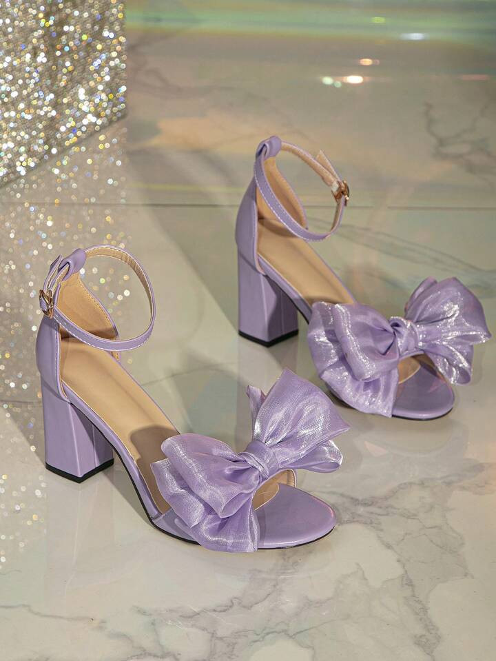 Fashion Purple Sandals For Women, Bow Decor Chunky Heeled Ankle Strap Sandals | SHEIN