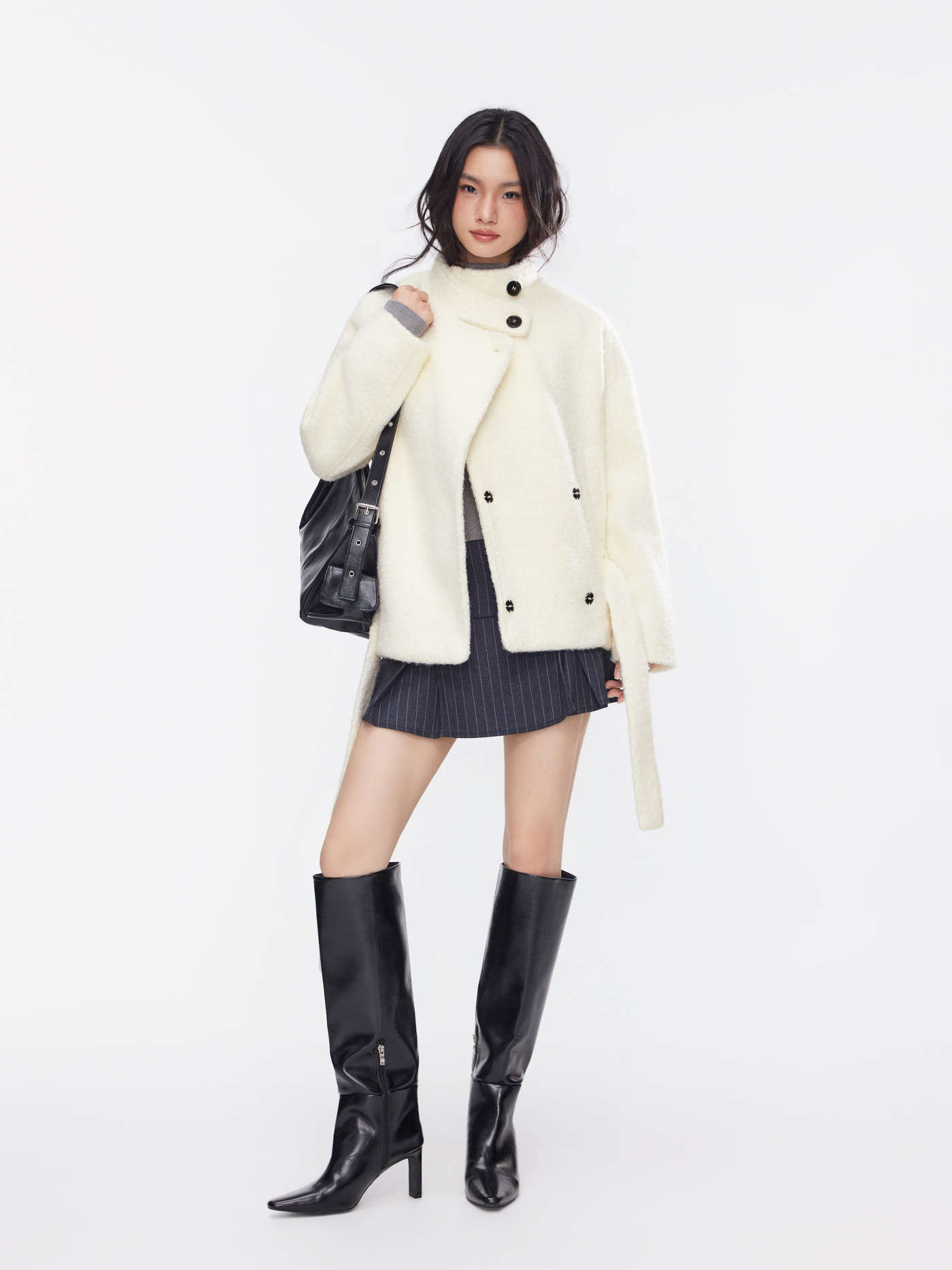 Wool-like fabrics Wool-look Stand Collar Long Sleeve Jacket With Belt For Work | Cider