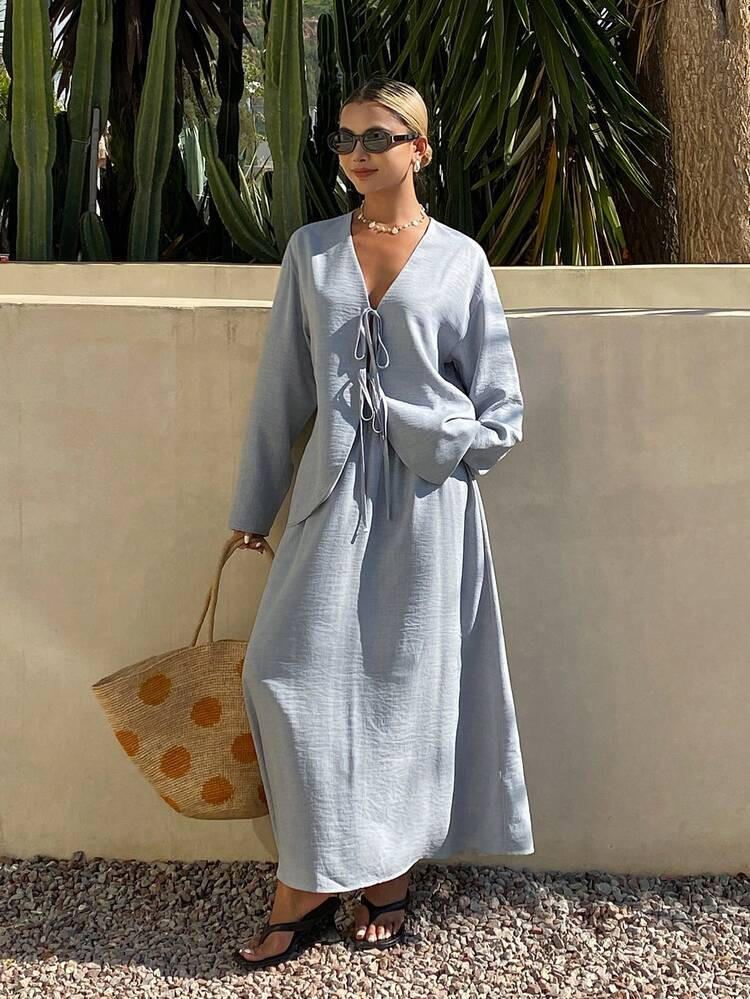 DAZY Spring & Summer Minimalist Vintage Linen 2 Pieces Set Women, Casual Loose Shirt & Skirt Suit Lounge Sets For Women | SHEIN