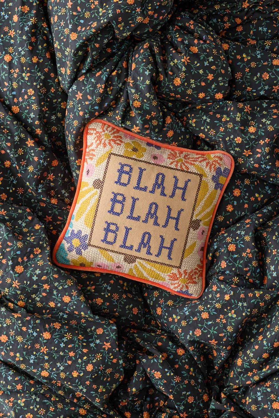 Embroidered Blah Blah Blah Cross Stich Throw Pillow | Urban Outfitters (US and RoW)