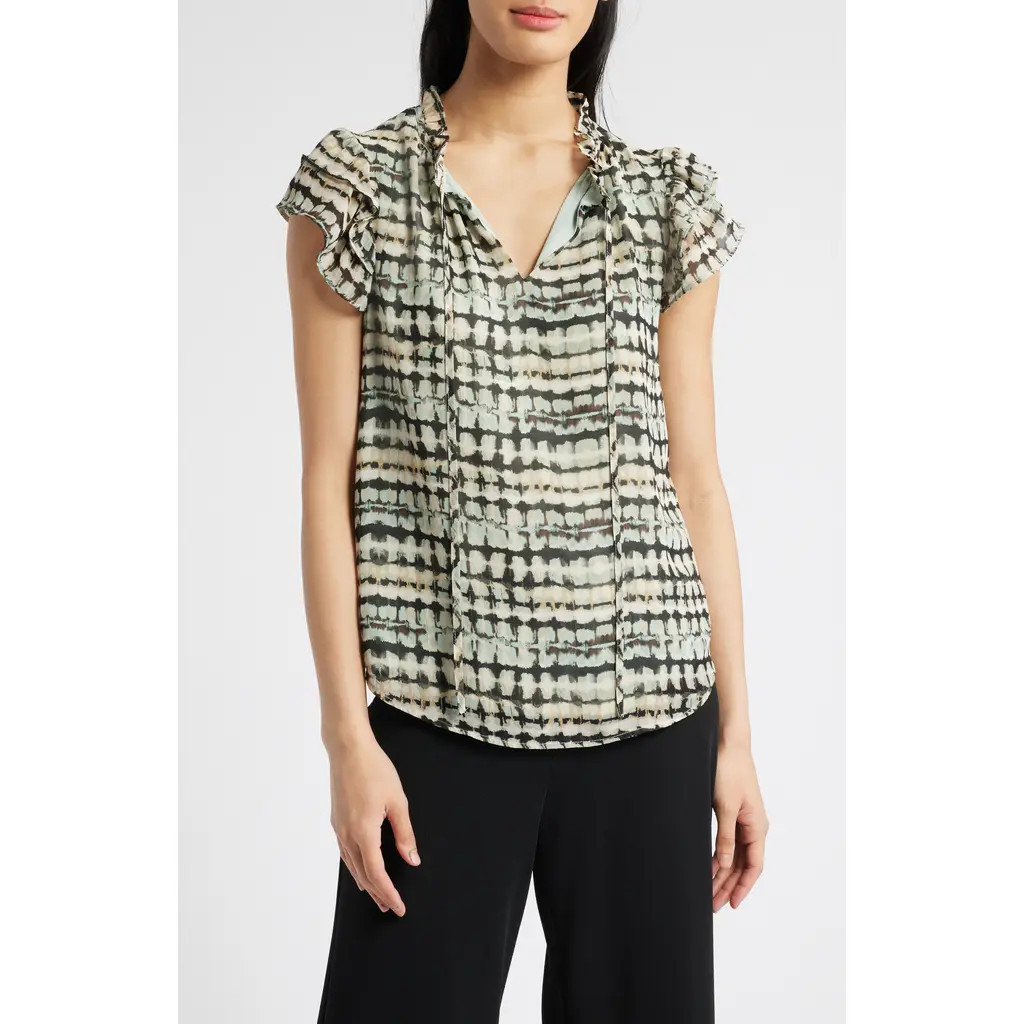 Anne Klein Ruffle Sleeve Tie Neck Top in Black at Nordstrom, Size Xx-Small | Nordstrom