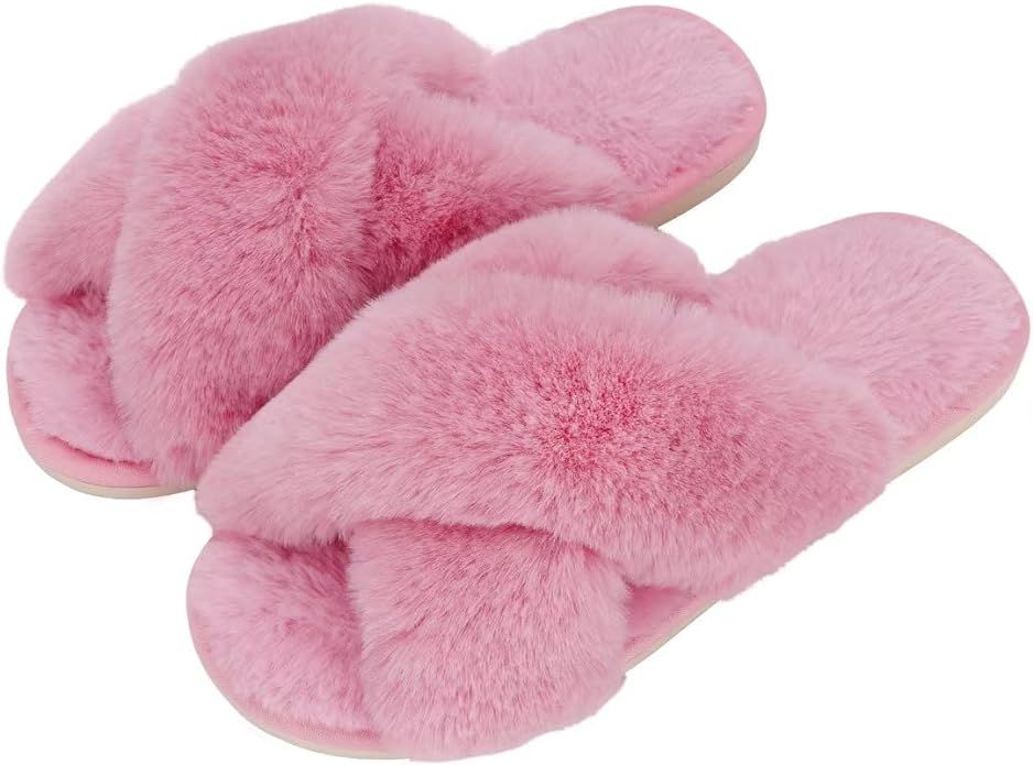 DOIOWN Women's Fuzzy Slippers Memory Foam Cute House Slippers Plush Fluffy Furry Open Toe Home Sh... | Amazon (US)