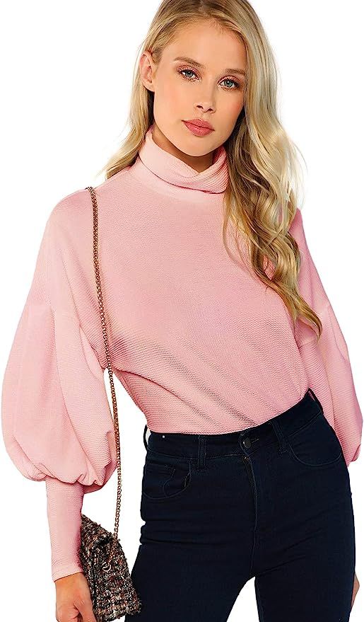 ROMWE Women's Casual High Neck Pullover Tops Long Sleeve Sweatshirt | Amazon (US)