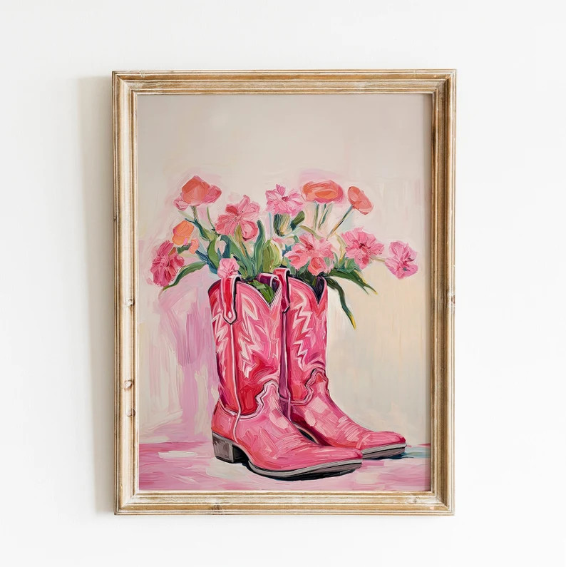 Pink Cowgirl Boots Painting Print Vintage Style Hot Pink - Etsy | Etsy (US)