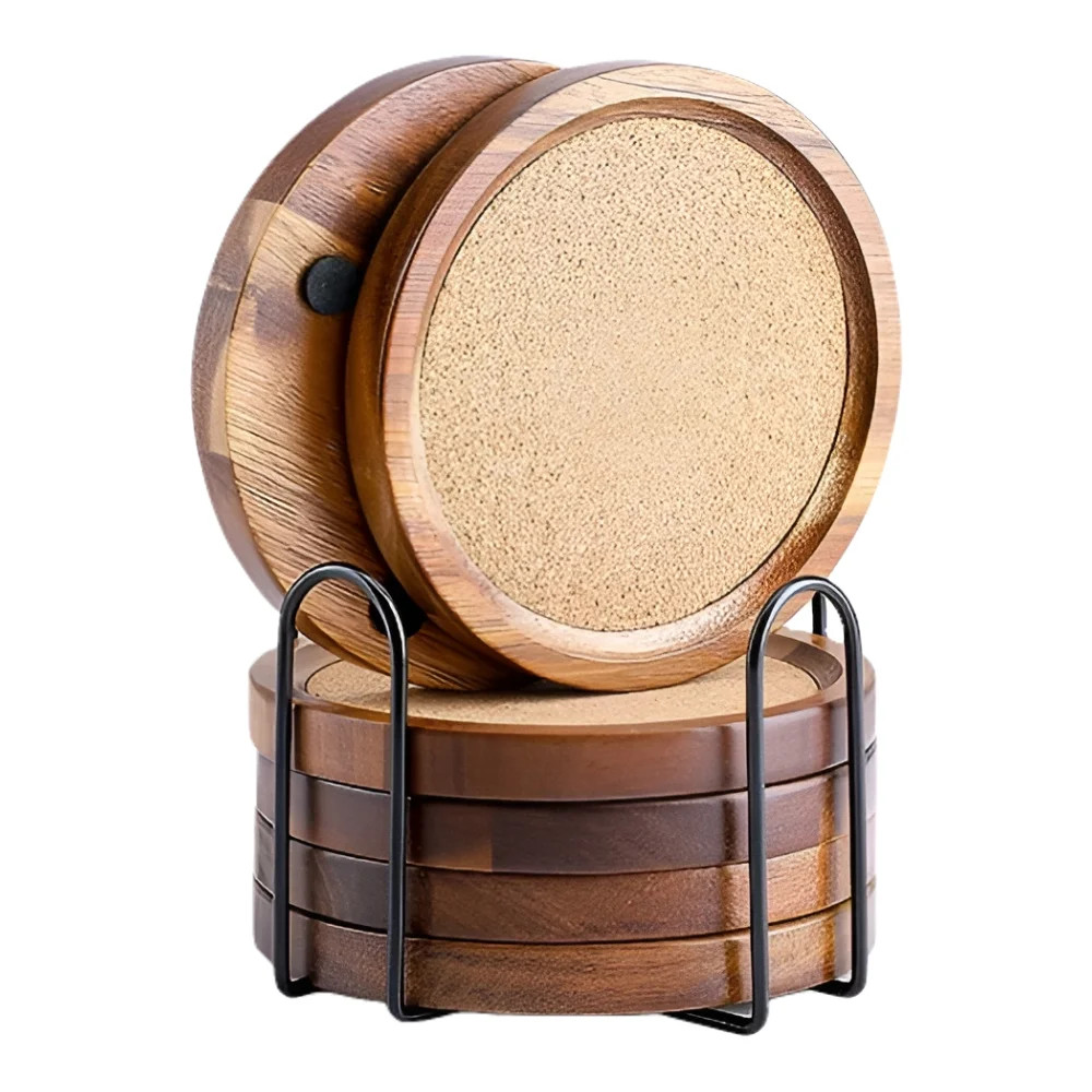 WLWNWFT Acacia Wood and Cork 6-Piece Coaster Set with Scratch-Resistant, 11cm/4.33in - Walmart.co... | Walmart (US)