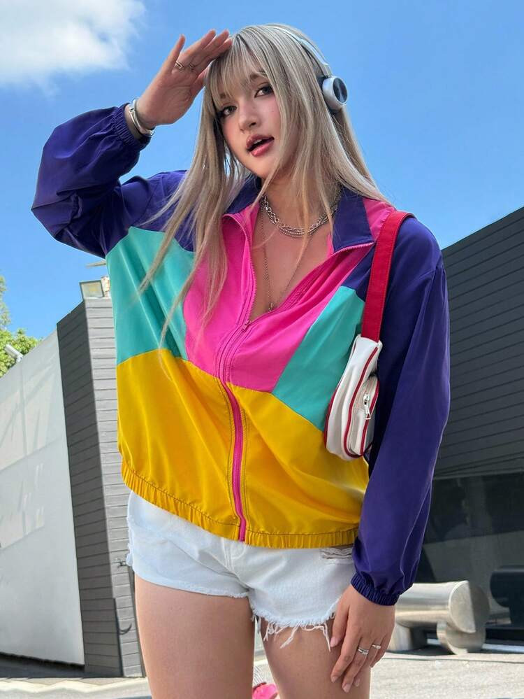 SHEIN EZwear Plus Color Block Drop Shoulder Zipper Jacket Winter Fall Autumn | SHEIN