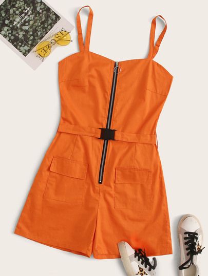 Neon Orange Zip Detail Belted Cami Romper | SHEIN