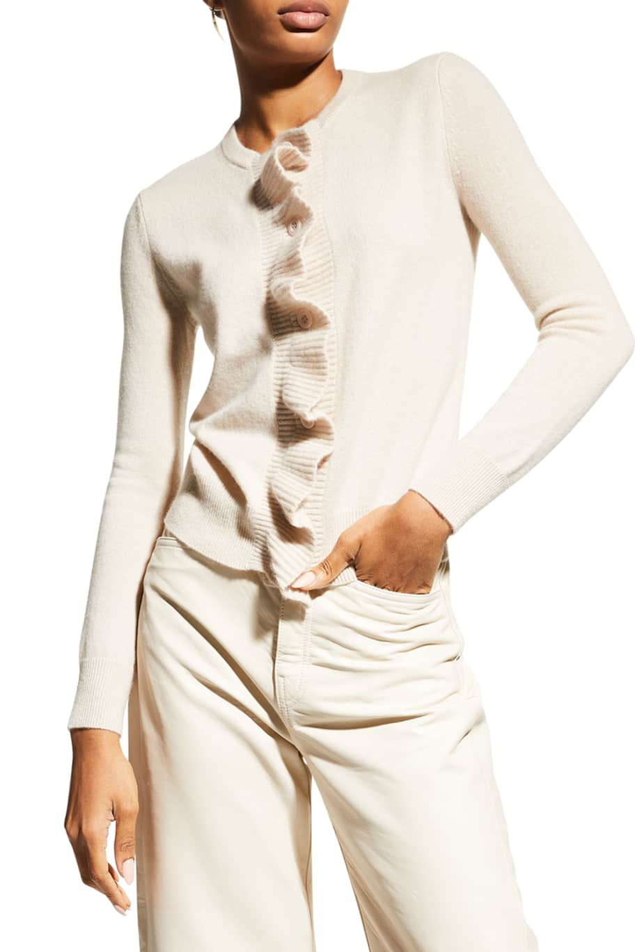 Neiman Marcus Cashmere Collection Cashmere Ruffle-Front Button Cardigan | Neiman Marcus