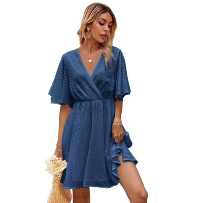 Coolmee Women's Summer Floral Sundress Short Sleeve Wrap V Neck A-Line Midi Dress Lake Blue L | Target