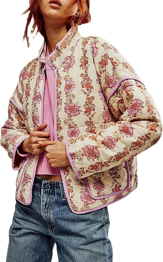 Women's Cropped Floral Puffer Jacket Cardigan Printed Lightweight Open Front Padded Quilted Coats | Amazon (US)