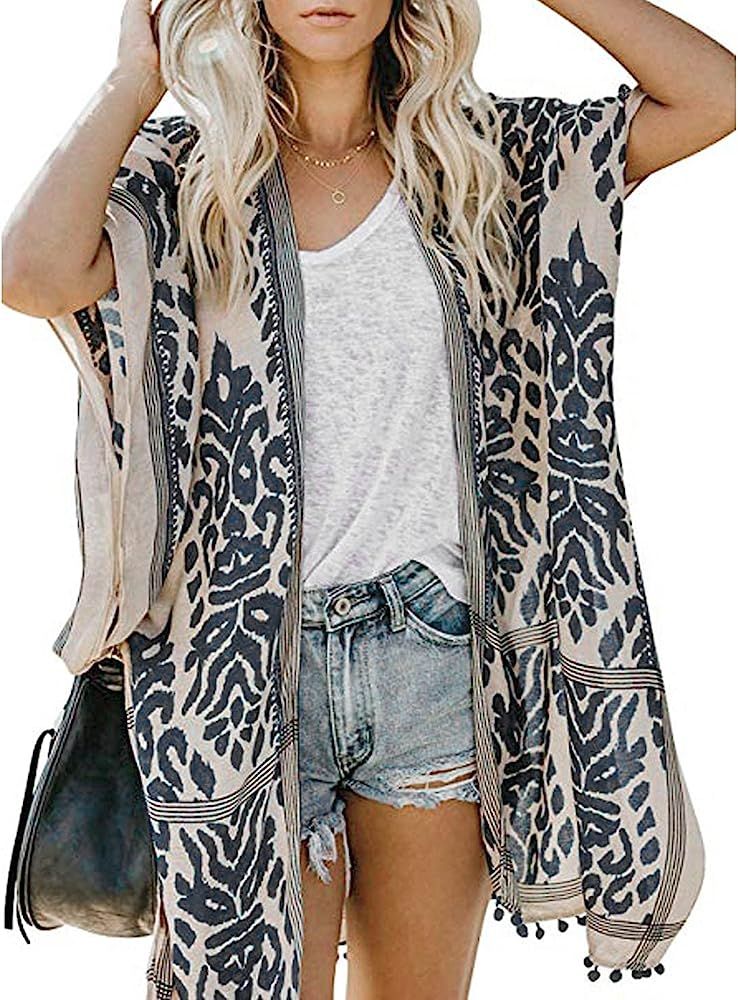 Women's Stylish Kimono Cardigan with Pom-pom, Loose Sleeveless Beach Cover Up, Fashion Swimwear Cove | Amazon (US)