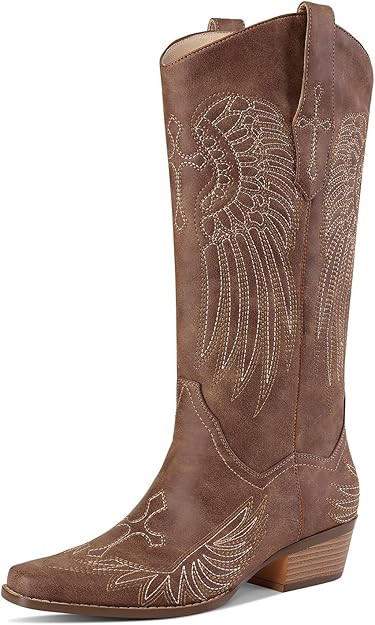 Womens Knee High Boots Cowboy Cowgirl Tall Western Boots Pull On Square Toe Low Chunky Heel Retro... | Amazon (US)