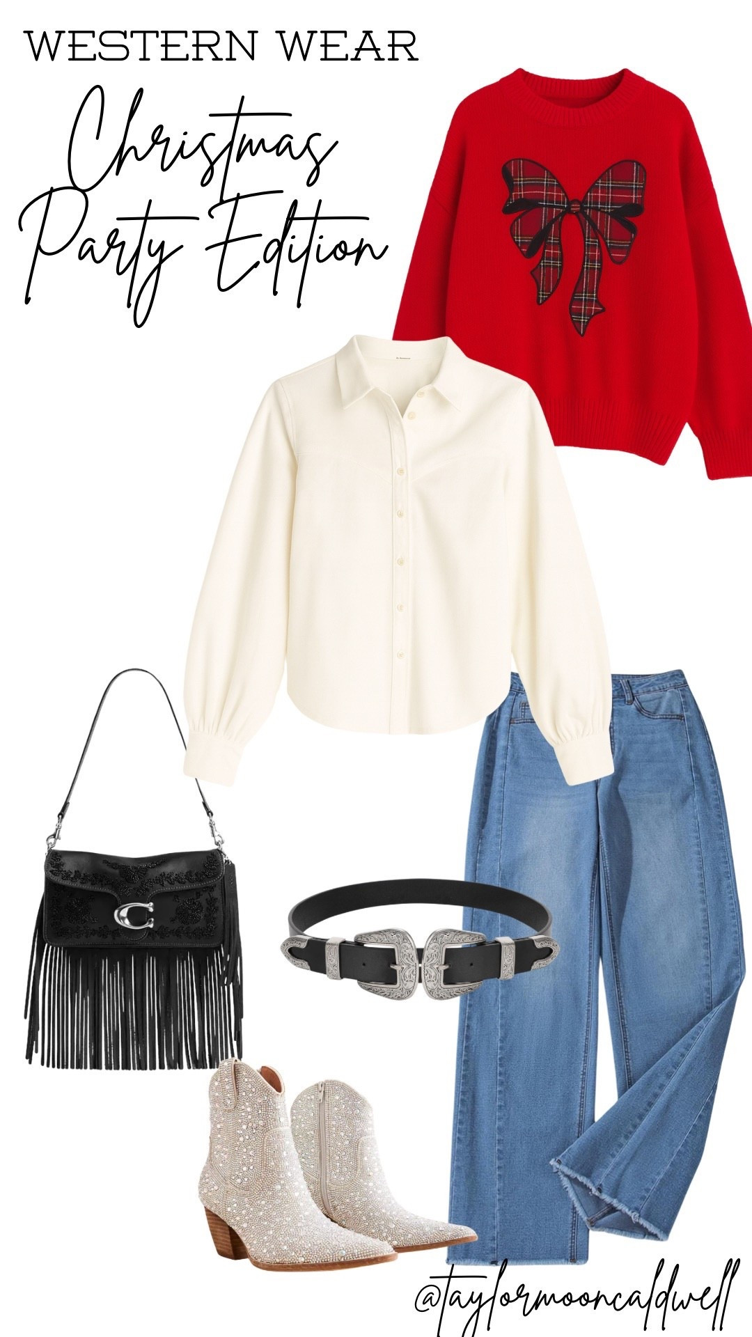 Western Wear ✨ Christmas Party Edition 🎄🤠
Festive but still totally western—this plaid bow sweater, wide-leg denim, double buckle belt, and sparkly cowgirl boots make the cutest casual holiday outfit. Perfect for Christmas parties, school events, family gatherings, or a cozy winter night out. Linking every piece so you can shop this comfy western holiday look! #womenstyle #westernwear #christmasoutfit #westernfashion #cowboybootsstyle #holidayoutfitideas #winteroutfitinspo #ltkfashion #ltkholiday #ltkoutfit #westernchic #outfitinspo #casualchristmasoutfit

#LTKHoliday