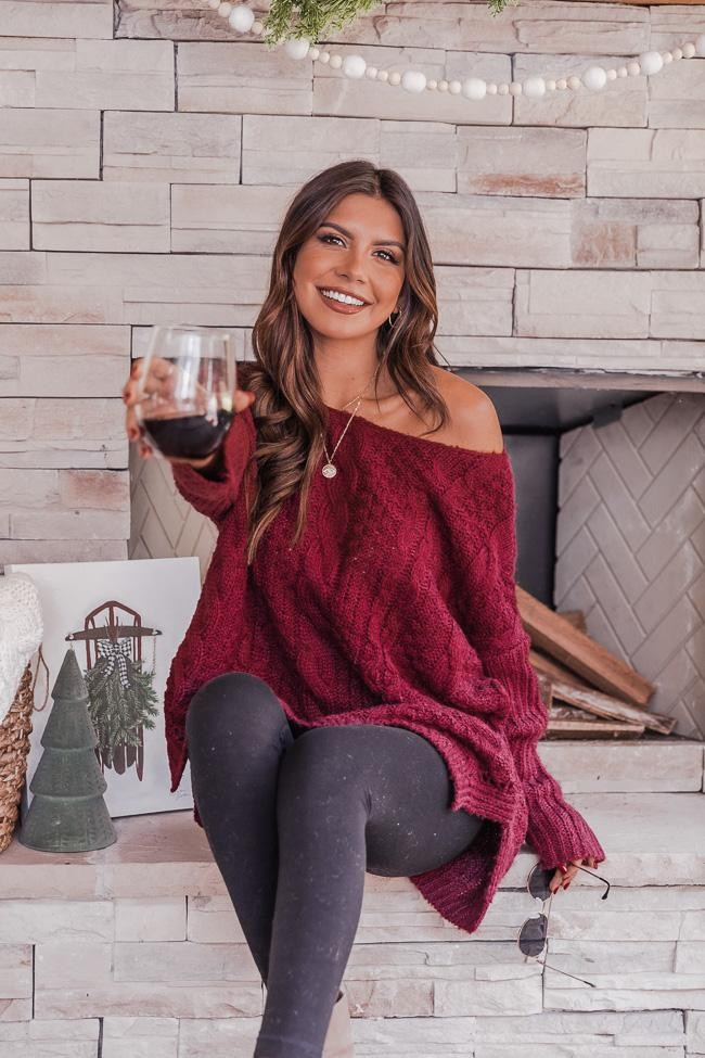 Alone With You Burgundy Cable Knit Sweater DOORBUSTER | The Pink Lily Boutique