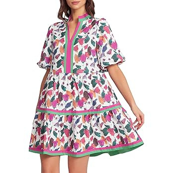 Women Floral Mini Dress 2026 Summer Short Puff Sleeve A-line Dress V Neck Boho Babydoll Dresses f... | Amazon (US)