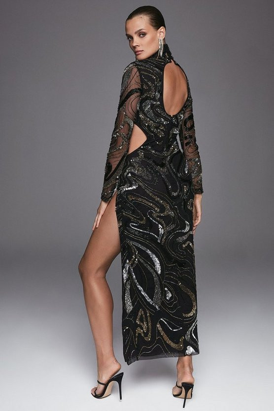 Hand Beaded And Embellished High Split Dress | Karen Millen UK + IE + DE + NL