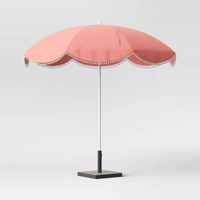 8.5' Round Patio Umbrella Scalloped Edge with Pom Poms Coral - White Pole - Opalhouse™ | Target