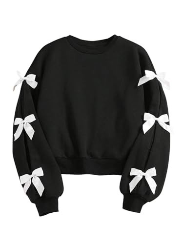 SOLY HUX Girl's Y2k Bow Sweatshirt Crew Neck Drop Shoulder Long Sleeve Cute Pullover Tops Pure Black 11Y | Amazon (US)